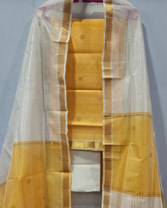 Mangalagiri Mustard Yellow Pattu Buta Dress Material (Top+Dupatta) Cotton Bottom