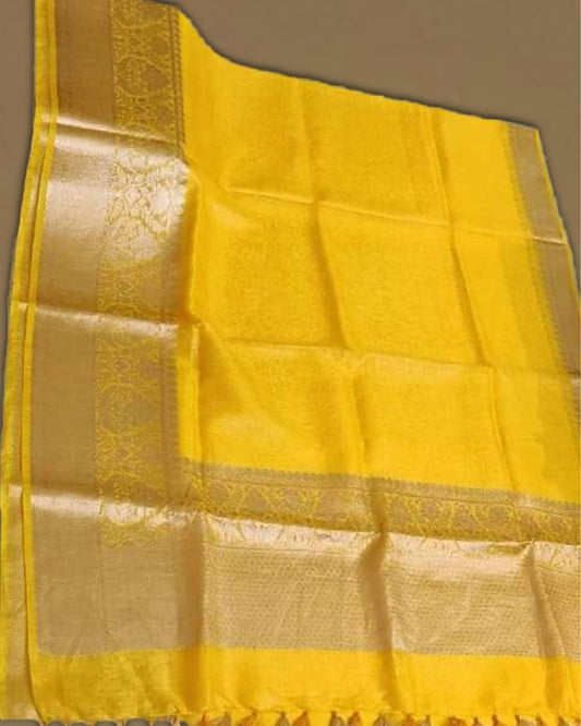 7024-Silk Linen Weaving Design Jacquard Handloom Yellow Saree with Running Blouse