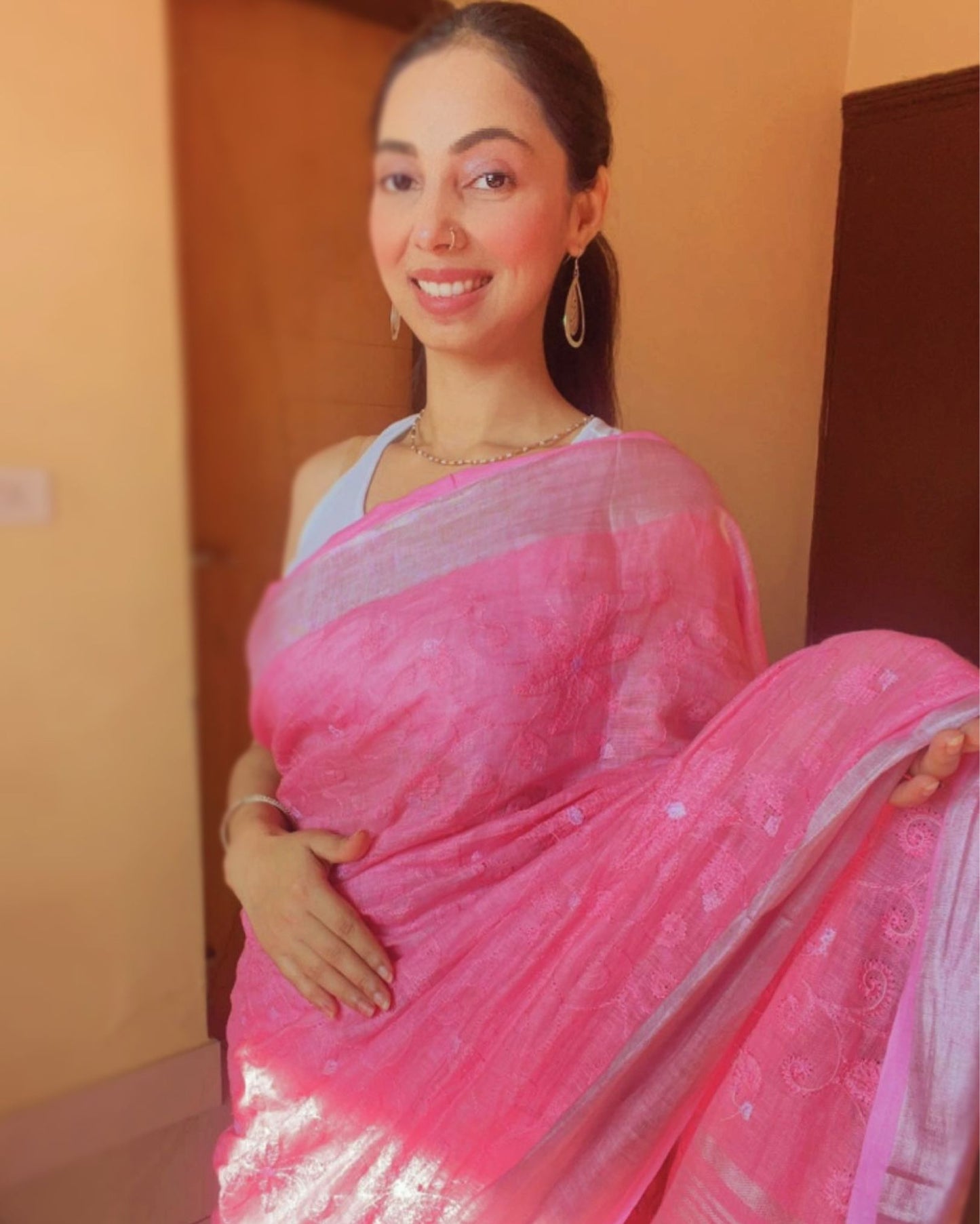 Ethereal Pure Linen Embroidered Handloom Pink Saree