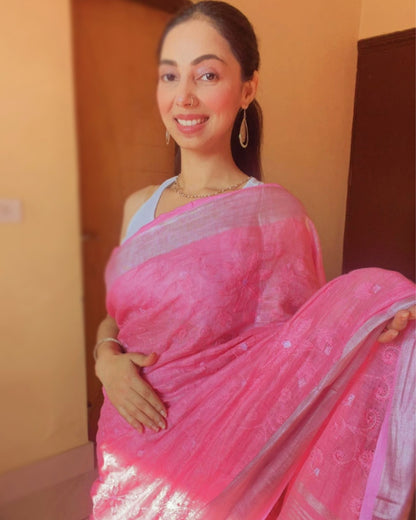Ethereal Pure Linen Embroidered Handloom Pink Saree