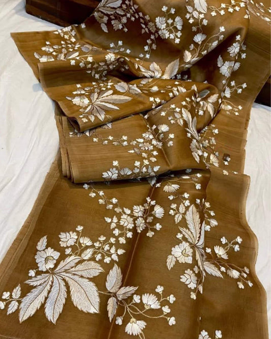 Serene Embroidered Organza Pure Silk Brown Saree