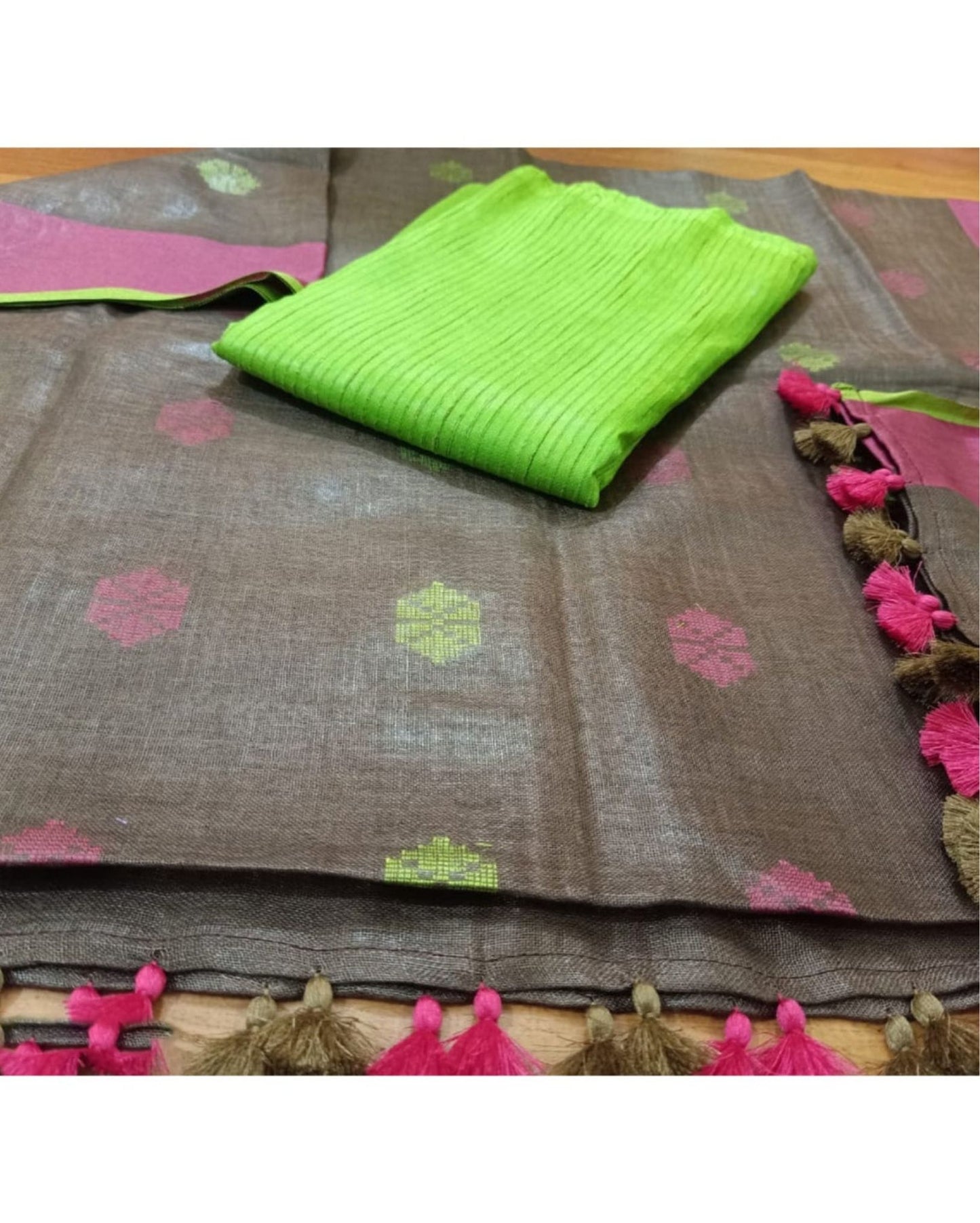 1249-Handwoven Pure Linen Brown Dupatta Set with Katan Fabric Green Top