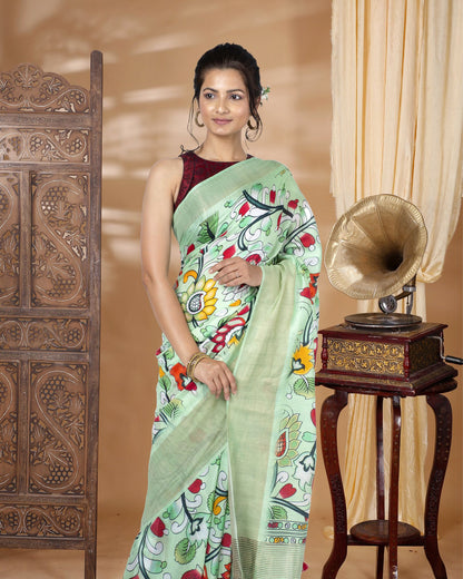 Silkmark Muga Tussar Silk Printed Green Saree