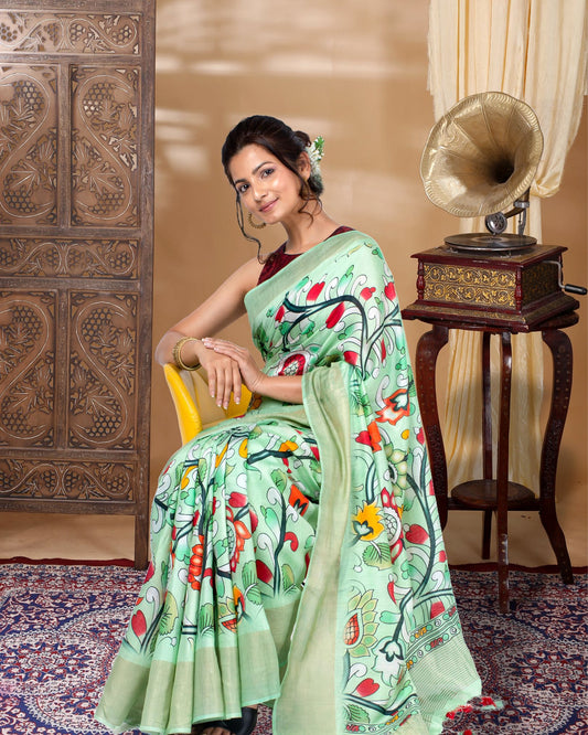 7617-Moonga Tussar Silk Saree Jet Stream Green Color with Digital Print and running blouse
