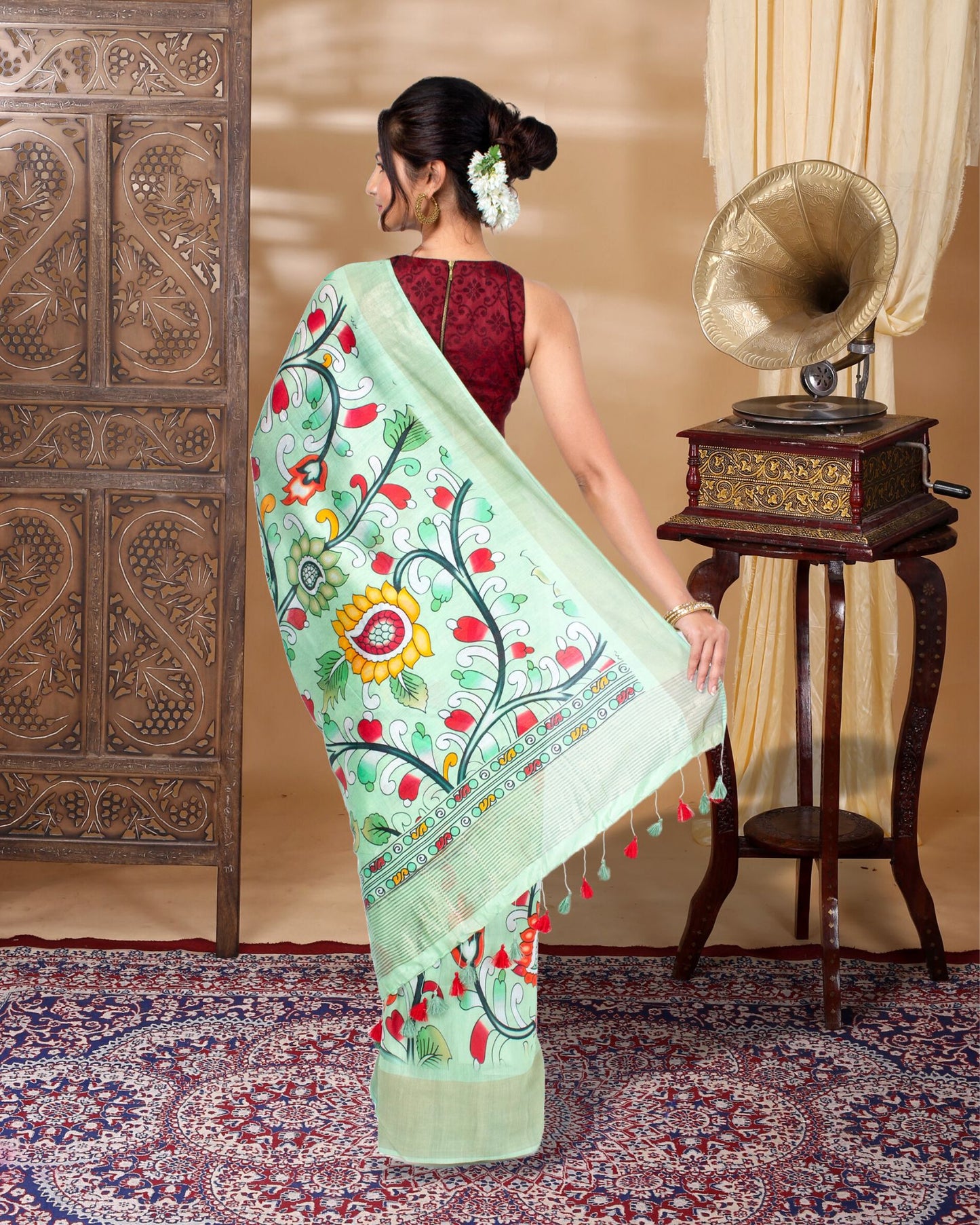 Silkmark Certified Muga Tussar Silk Printed Green Saree