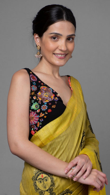 2898-Bansbara Tussar Silk Handloom Yellow Saree with Running Blouse Embroidered