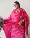 Katan Silk Handblock Printed Suit Piece Pink Color with Bottom and Dupatta Handcrafted-Indiehaat