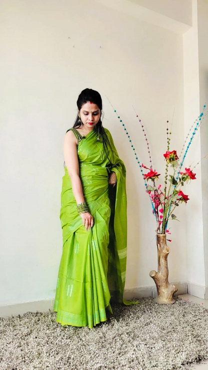 Katan Sap Green Silk Saree Weaving Design with Blouse-Indiehaat