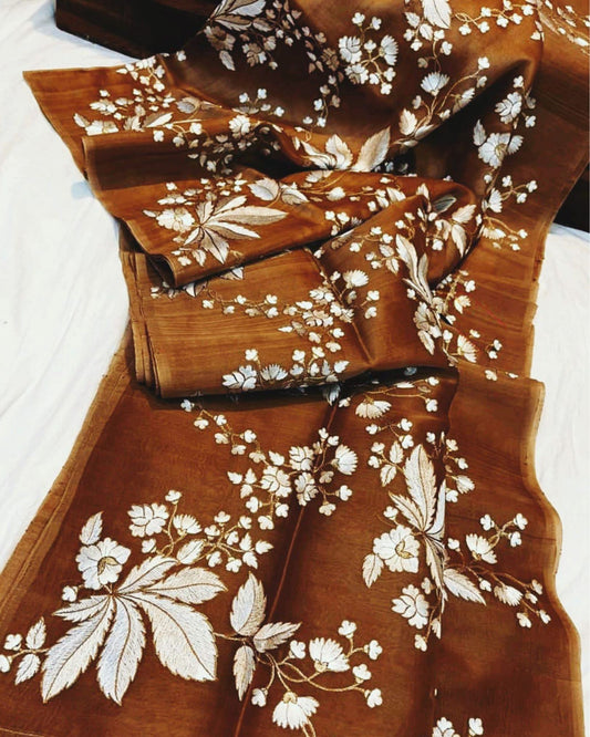 Unique Embroidered Organza Pure Silk Brown Saree