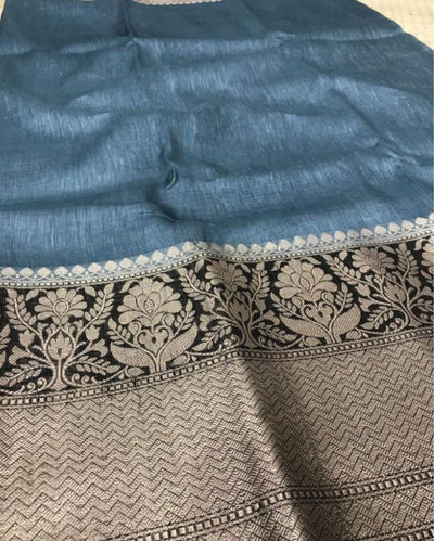 Silk Linen Banarasi Brocade Weaving Handloom Saree with Blouse-Indiehaat