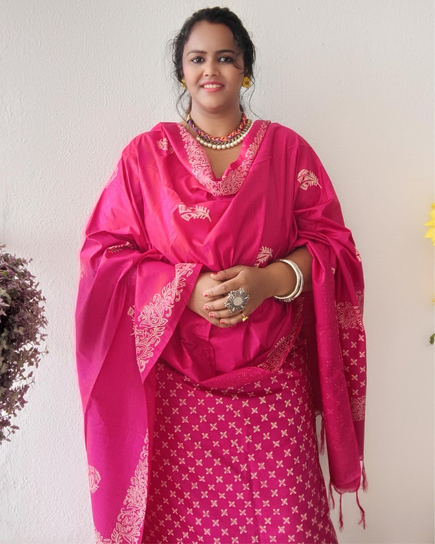 Katan Silk Stunning Blockprint Pink Suit
