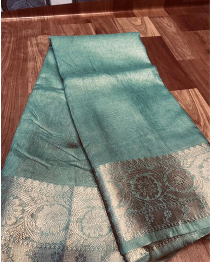 2389-Silk Linen Banarasi Brocade Handloom Winter Green Colour Saree with Blouse
