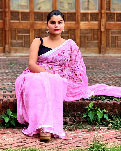 9807-Pure Linen Saree Handloom Hand Embroidered Pink color with attached Running Blouse
