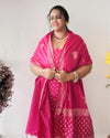 Katan Silk Handblock Printed Suit Piece Pink Color with Bottom and Dupatta Handcrafted-Indiehaat