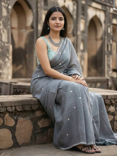 Indiehaat | Pure Mul Cotton Sequin Saree Gray