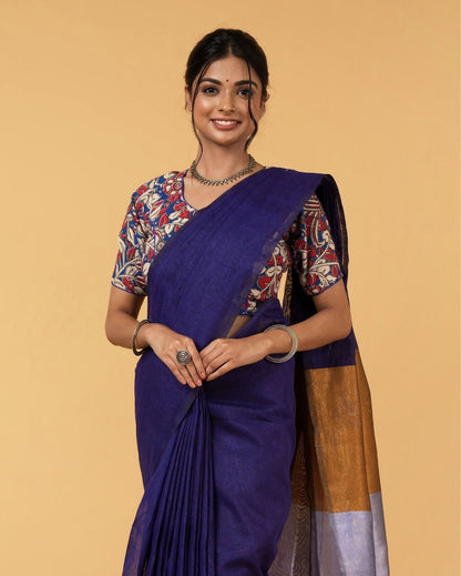 Misty Silk Linen Handdyed Blue Contrast Pallu Saree