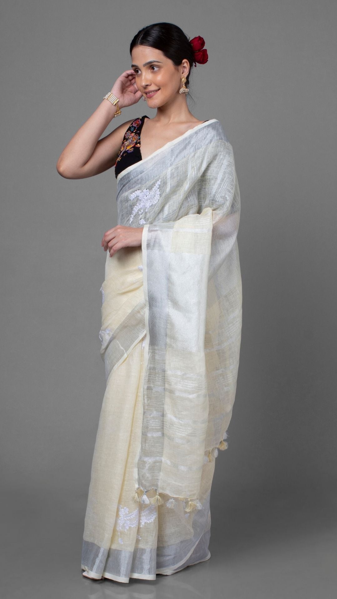 3467-Pure Linen Embroidered Handloom Off White Saree with Running Blouse Handcrafted