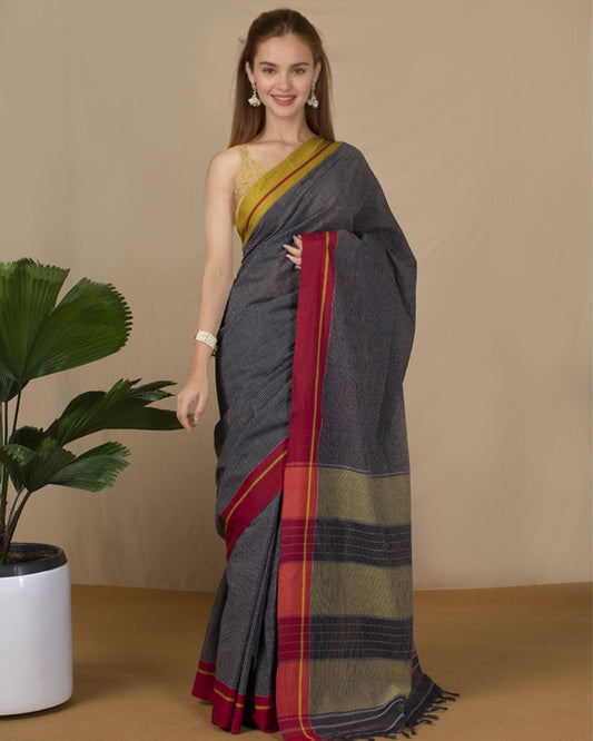 4042-Patteda Anchu Handloom Mark Certified Pure Cotton Saree Mulled Wine Violet Color with Running Blouse