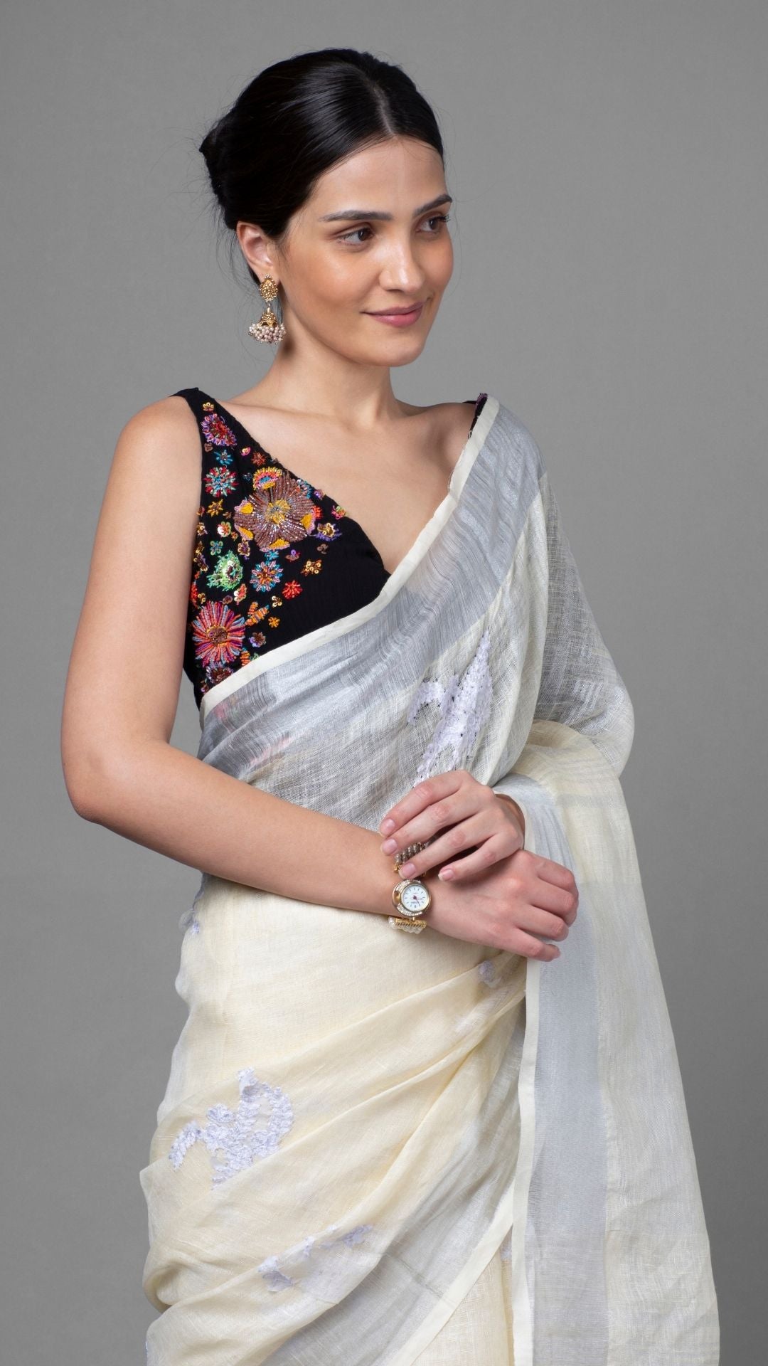 Vivid Pure Linen Embroidered Handloom Off White Saree