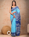 Indiehaat | Pure Mulmul Cotton Saree Sky Blue Color handblock printed with Running Blouse