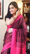 Handwoven Pure Linen Saree Purple Color with Blouse-Indiehaat