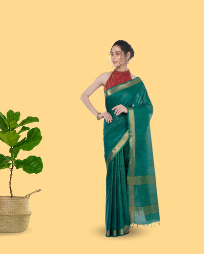 3178-Kota Silk Green color Saree with Running Blouse Zari Border Handcrafted
