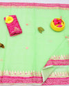 Refreshing Mint Green Kota Doria Gota Patti Saree With Bandhej Border | Indiehaat