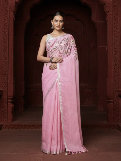 Magnificent Pure Linen Saree Hand Embroidered Pink