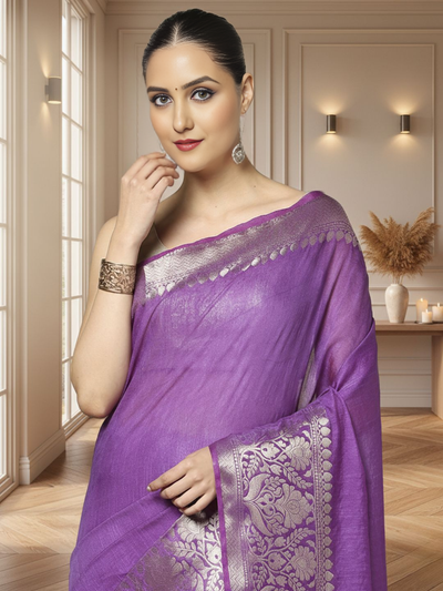 Stunning Banarasi Silk Linen Purple Handloom Saree