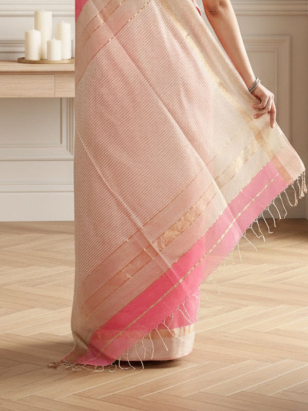 Stunning Pure Maheshwari Silk Allover Checks Dark Pink Saree