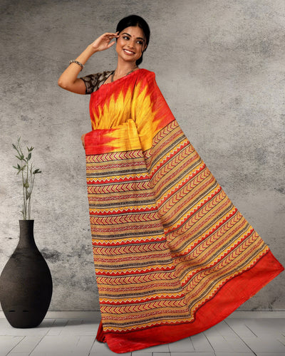 Silkmark Tussar Sunny Blockprint Mustard & Red Saree