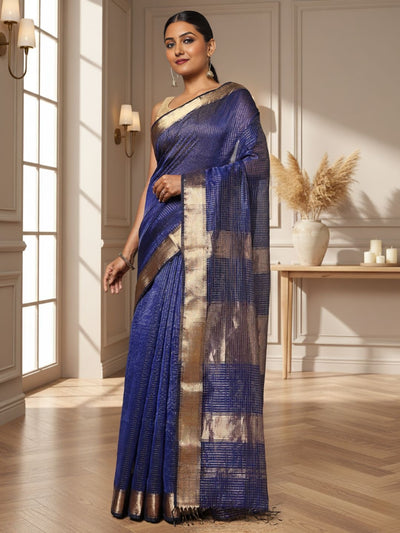 Poised Maheshwari Pure Silk Check Body Indigo Saree