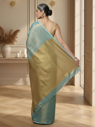 Tissue Linen Green Saree Gold Shimmer Pallu