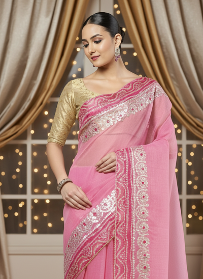 Gilded Grace Kota Cotton Gota Patti Saree Pink