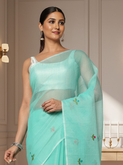 Kota Doria Blue Saree Allover Embroidery Handcrafted