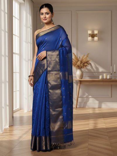 Lucid Maheshwari Pure Silk Butta Body Blue Saree