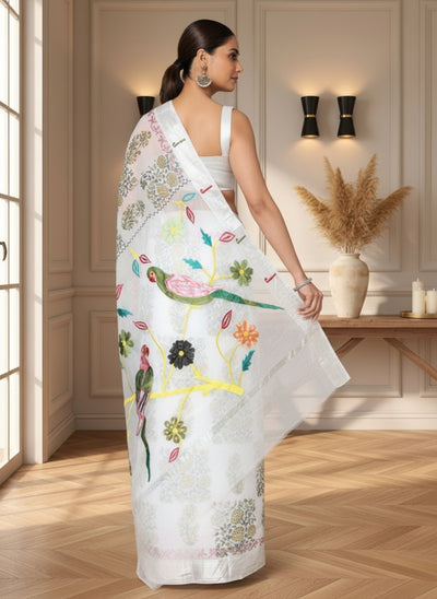 Kota Doria Paithani Embroidery Designer Saree White