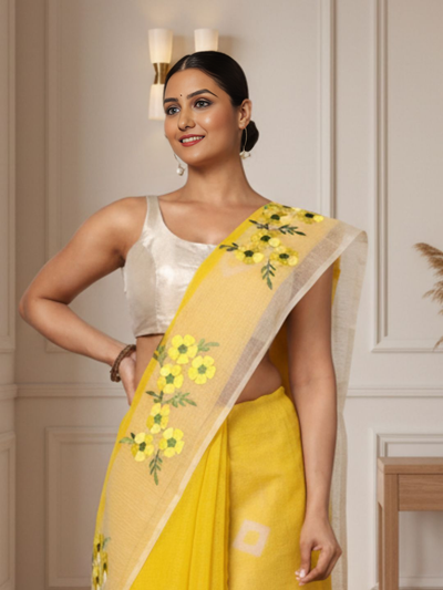 Rich Bandhej Kota Doria Embroidery Yellow Saree Handdyed