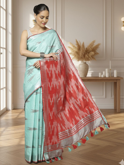 Sunny Ikkat Slub Linen Handloom Blue Saree