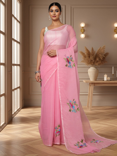 Bold Kota Doria Cotton Bird Embroidery Pink Saree Handdyed