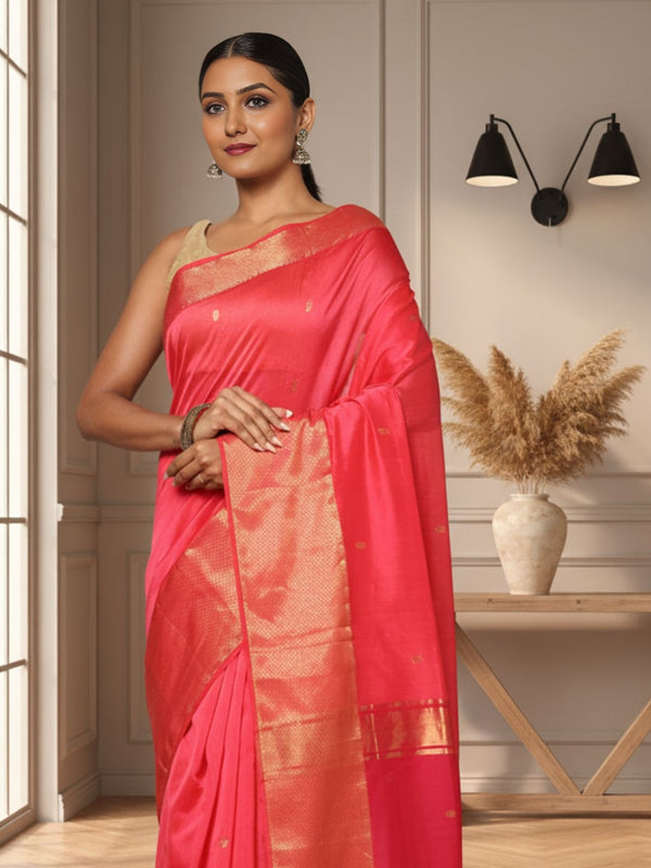 Glossy Maheshwari Silk Pure Handloom Saree Red