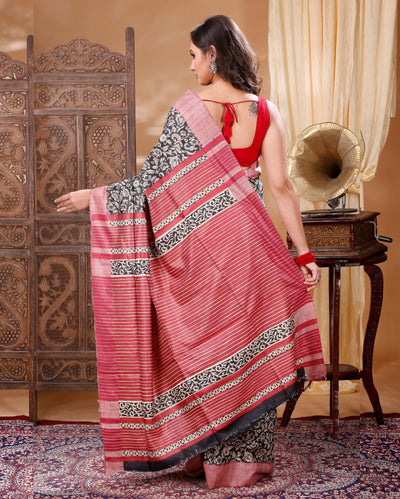 Silkmark Tussar Blissful Blockprint Red & Black Saree