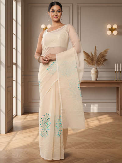 Earthy Kota Doria Cotton Bel Embroidery White Saree Handdyed