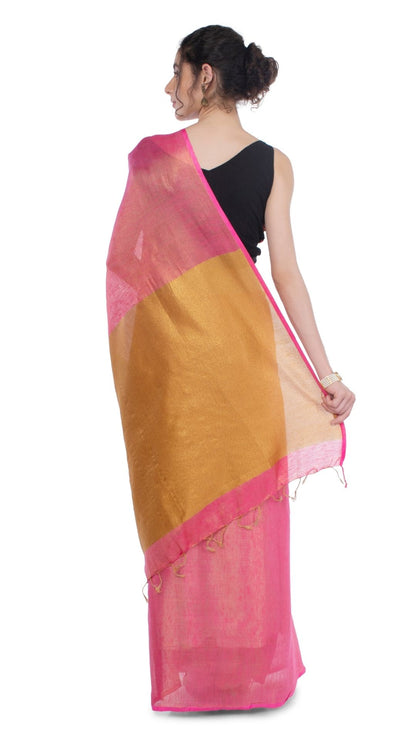 Tissue Linen Pink Saree Gold Shimmer Pallu