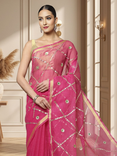 Pankhudi Gota Patti Rani Pink Kota Cotton Saree