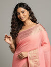 Silk Linen Banarasi Brocade Handloom Sweet Peach Saree with Blouse-Indiehaat