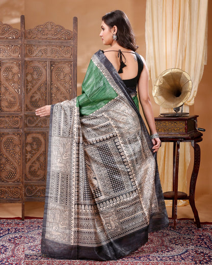 4749-Silkmark Certified Tussar Silk Handloom Handblock Printed Green Saree with Blouse