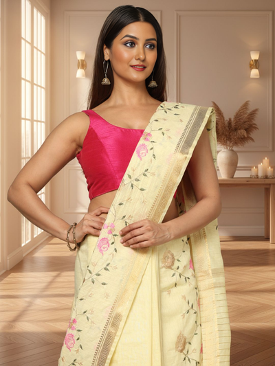 Impressionistic Silk Linen Embroidered Yellow Saree