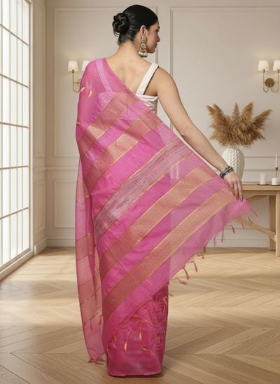 Poised Eri Tussar Silk Embroidered Pink Saree