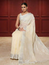 Vivid Pure Linen Embroidered Handloom Off White Saree
